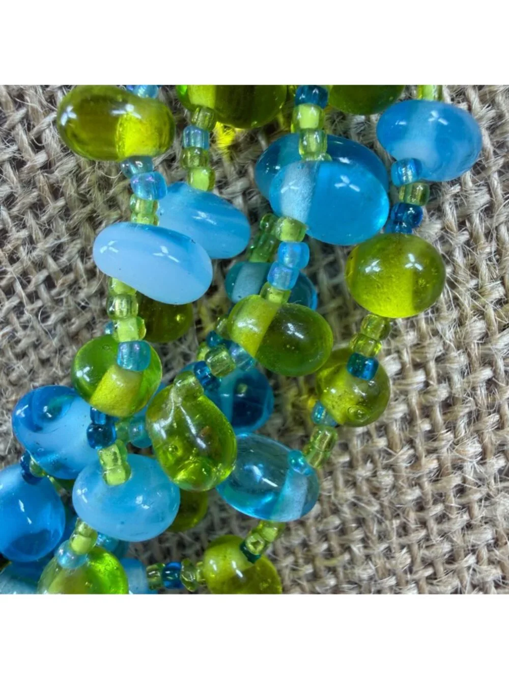 Multistrand Blue & Green Glass Beaded Necklace - Statement Piece Women Vintage